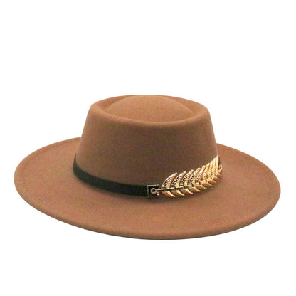 Stevvex tan vintage fedora hat with short brim black band and gold leaf accent on Tampa Home & Garden Store