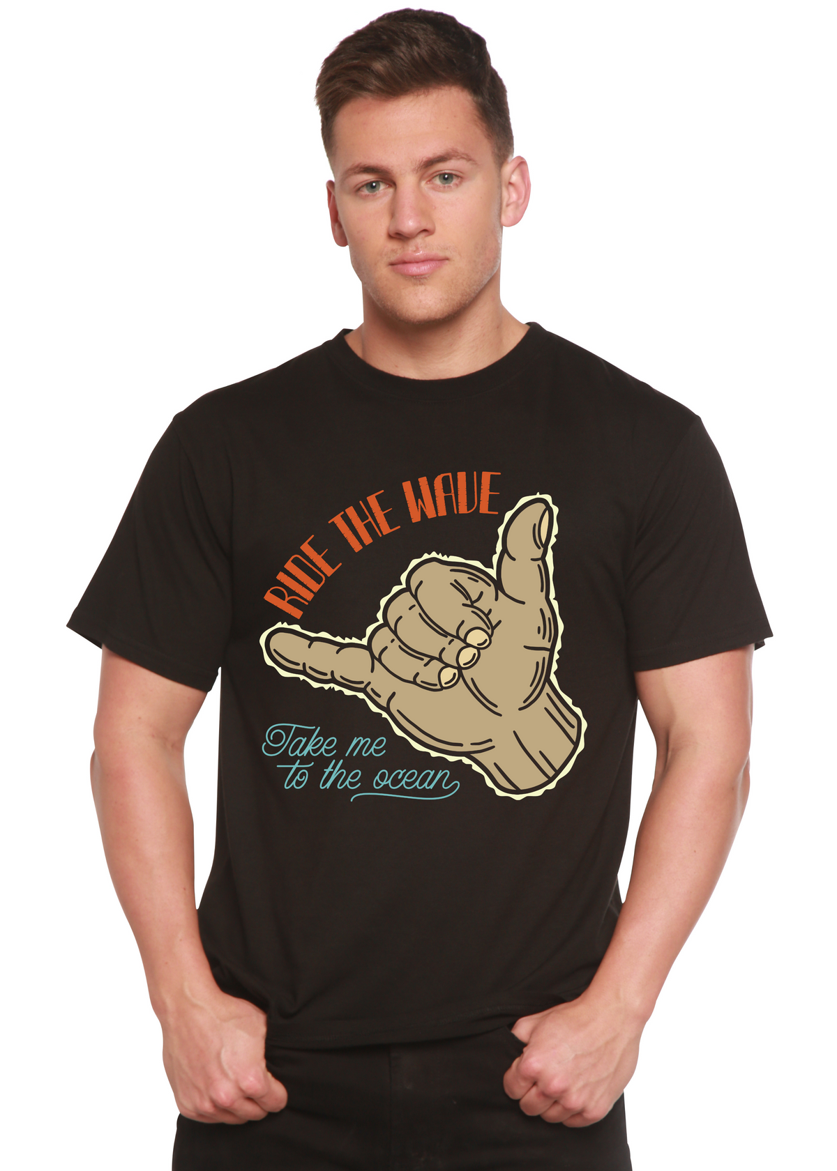 Ride The Wave bamboo tee black with tan hand art by Spun Bamboo on Tampa Home & Garden Store