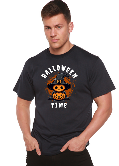 Unisex Halloween Time tee in black bamboo viscose/organic cotton by Spun Bamboo with pumpkin hat on Tampa Home & Garden Store