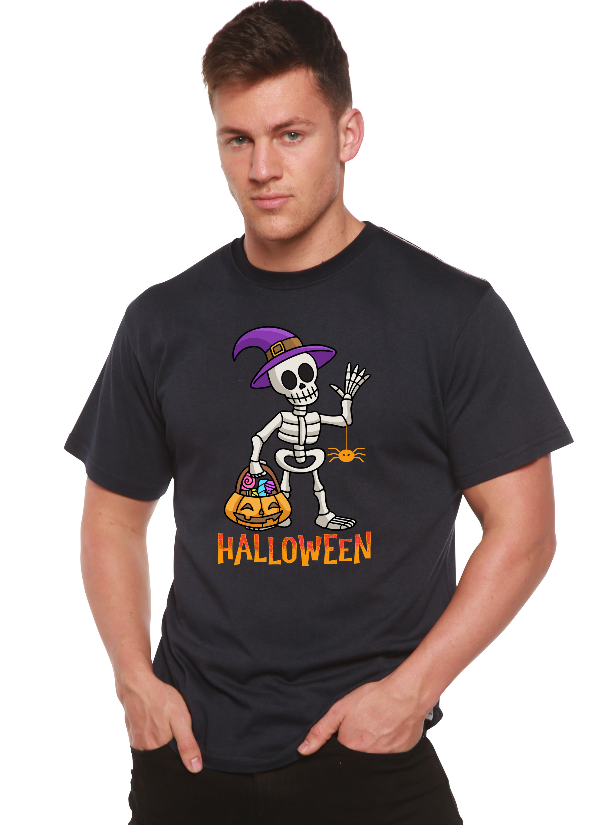 Happy Halloween bamboo viscose/organic cotton graphic T-shirt by Spun Bamboo, black skeleton pumpkin on Tampa Home & Garden Store