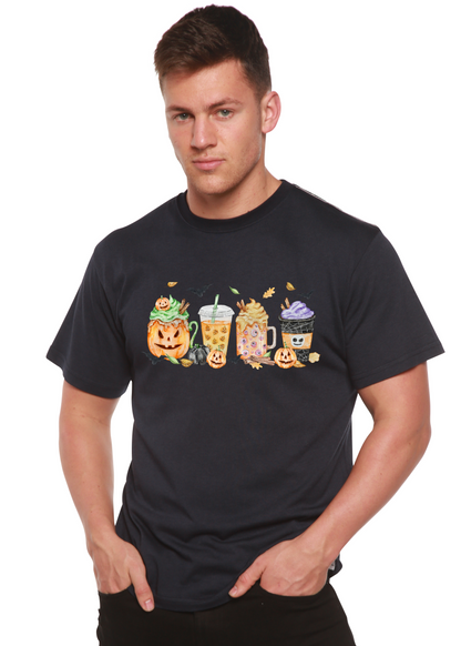 Men's black Halloween graphic tee with pumpkin mugs print in bamboo viscose/organic cotton on Tampa Home & Garden Store