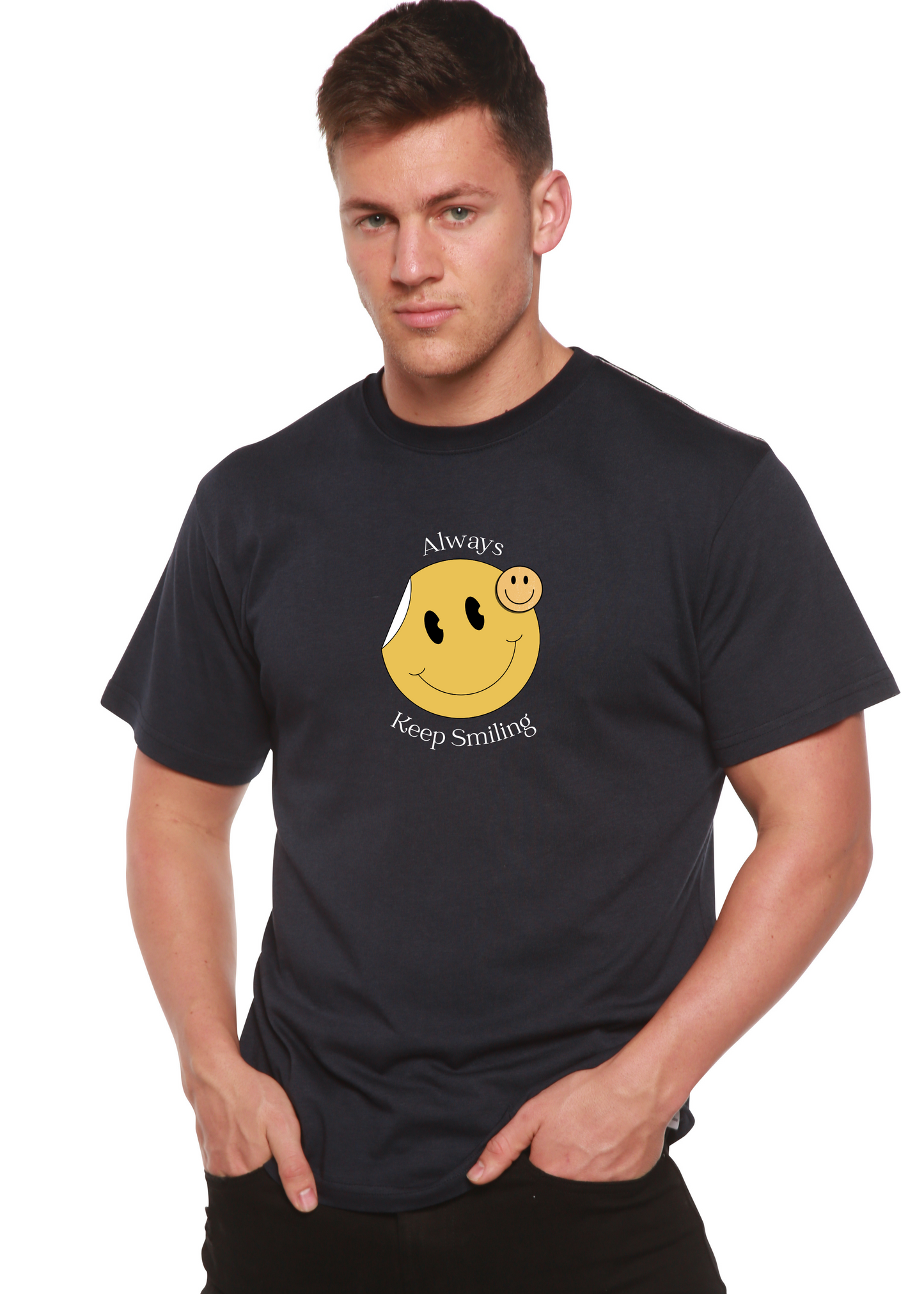 Mens bamboo viscose/organic cotton graphic T-shirt Always Keep Smiling with smiley print navy on Tampa Home & Garden Store