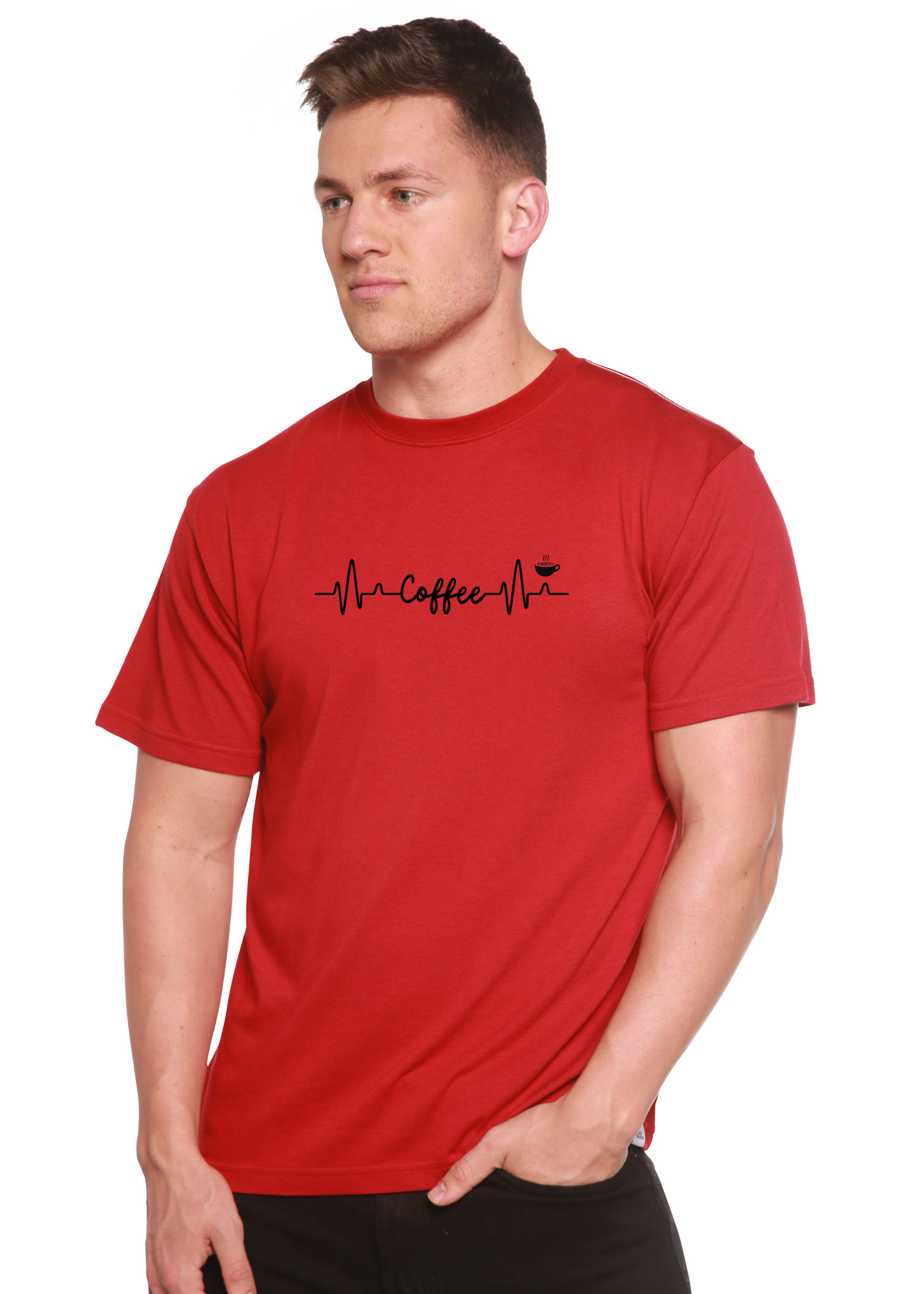 Heartbeat Coffee unisex bamboo/cotton graphic tee in red with coffee cup icon by Spun Bamboo on Tampa Home & Garden Store