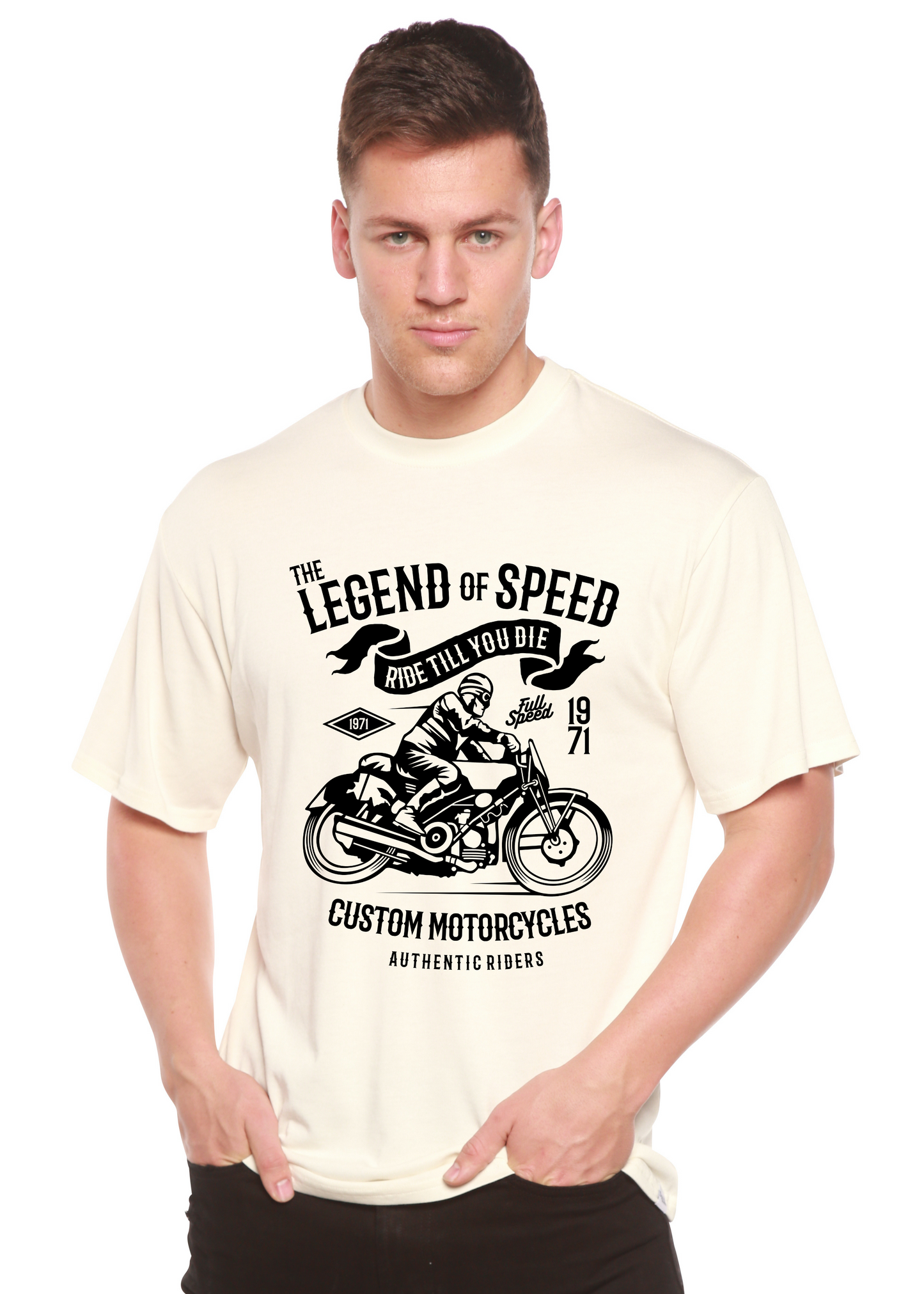Men's off-white Bamboo tee with The Legend of Speed graphic and black motorcycle print on Tampa Home & Garden Store