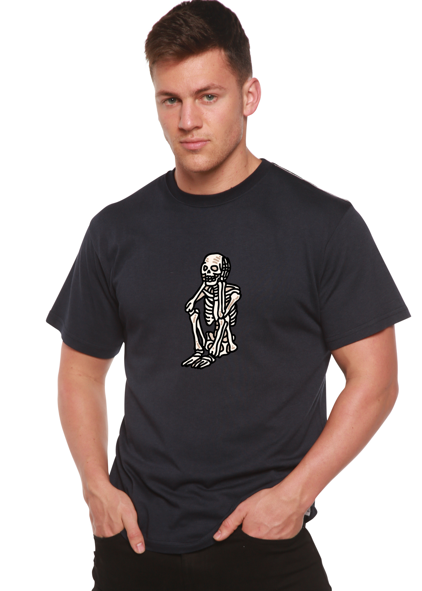 Sad Skeleton Halloween bamboo viscose organic cotton short sleeve T-shirt with skeleton print on Tampa Home & Garden Store