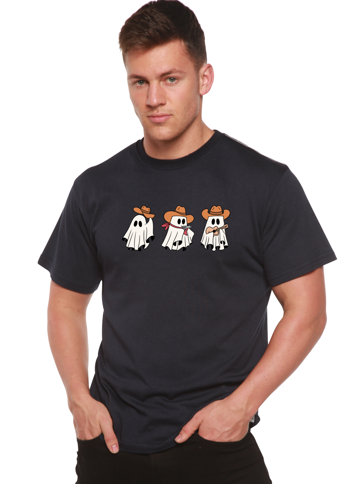 Cowboy Ghosts unisex black bamboo viscose organic cotton short sleeve graphic tee Spun Bamboo on Tampa Home & Garden Store