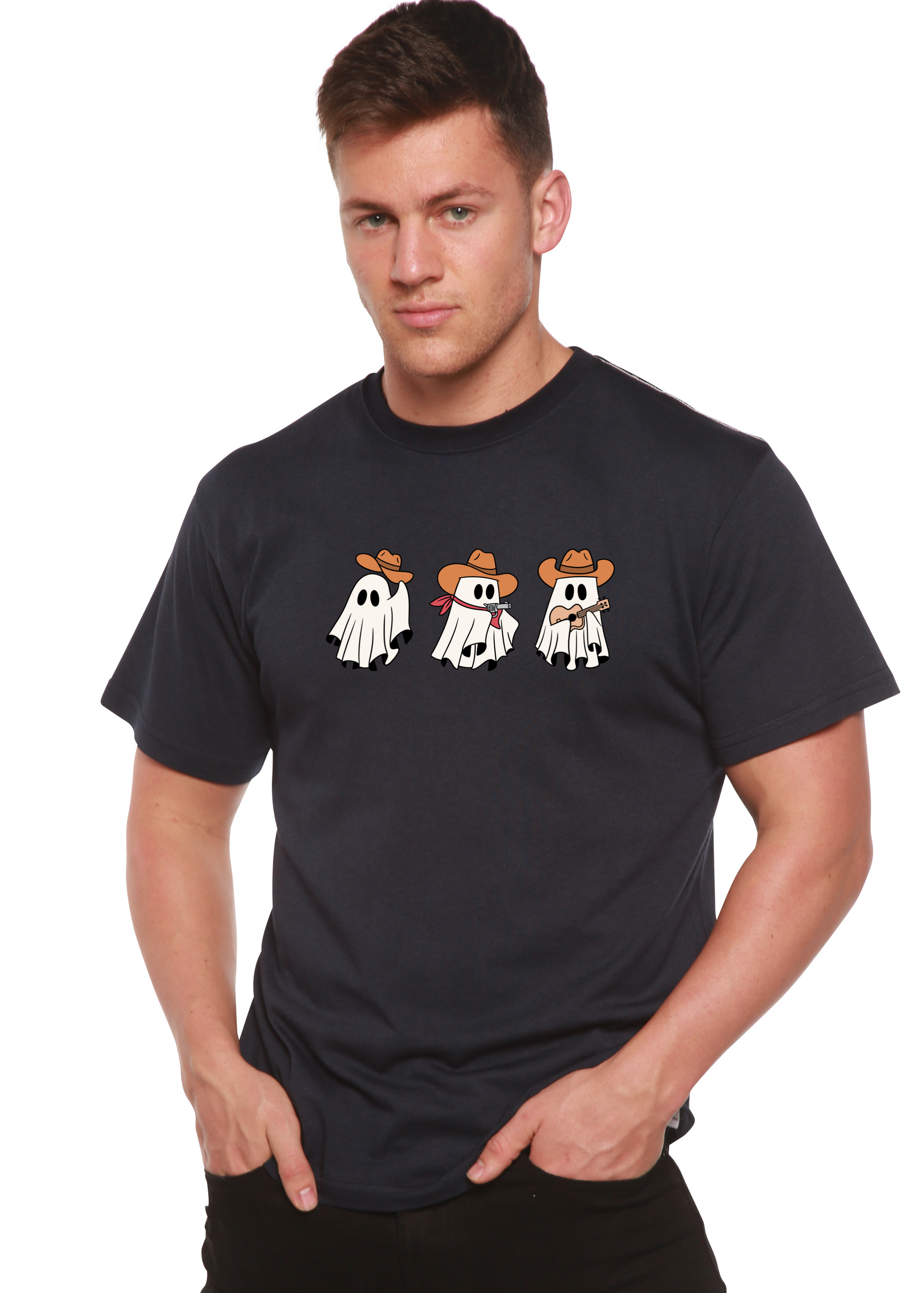 Cowboy Ghosts unisex black bamboo viscose organic cotton short sleeve graphic tee Spun Bamboo on Tampa Home & Garden Store