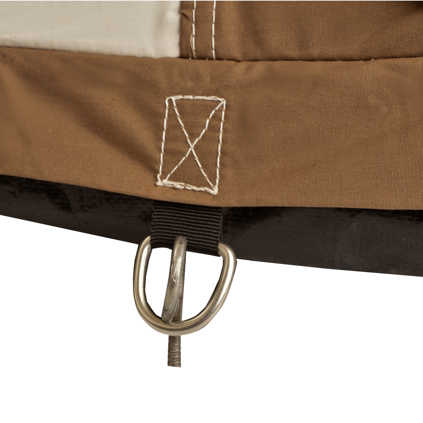 10x10 Prota Canvas Tent tie-down detail in brown canvas with metal ring and white stitching on Tampa Home & Garden Store