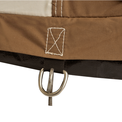 10x10 Prota Canvas Tent tie-down detail in brown canvas with metal ring and white stitching on Tampa Home & Garden Store
