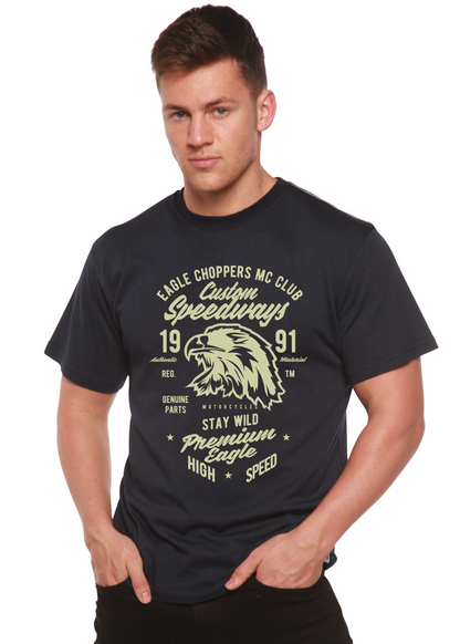 Mens navy graphic tee in bamboo viscose/organic cotton with eagle Speedways print on Tampa Home & Garden Store