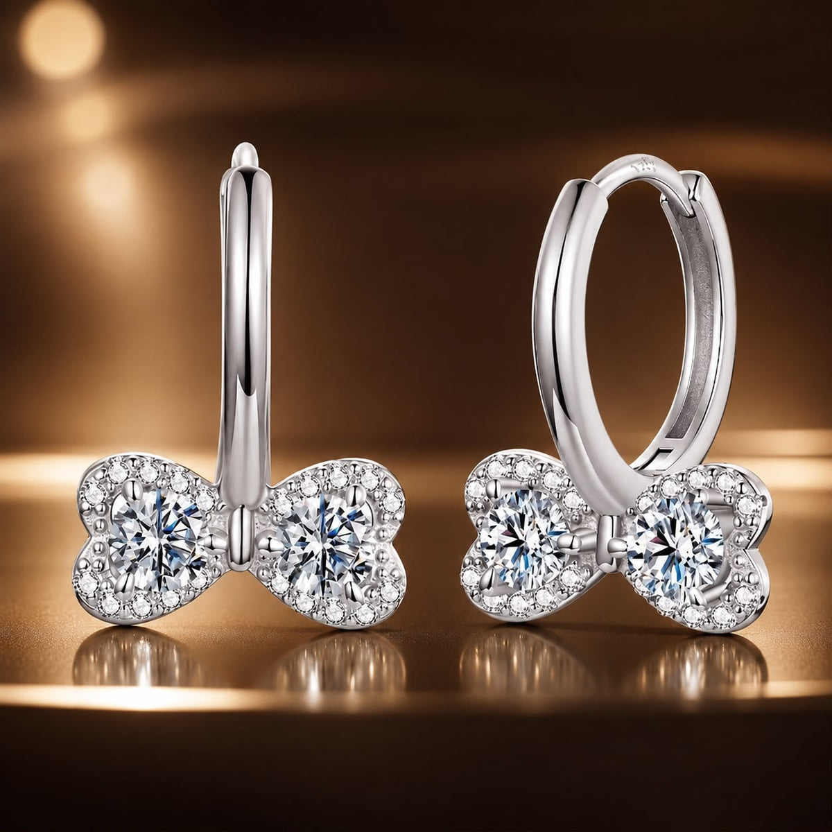 Pair of 925 sterling silver moissanite butterfly bow earrings, white gold plated, 0.20 ct stones on Tampa Home & Garden Store