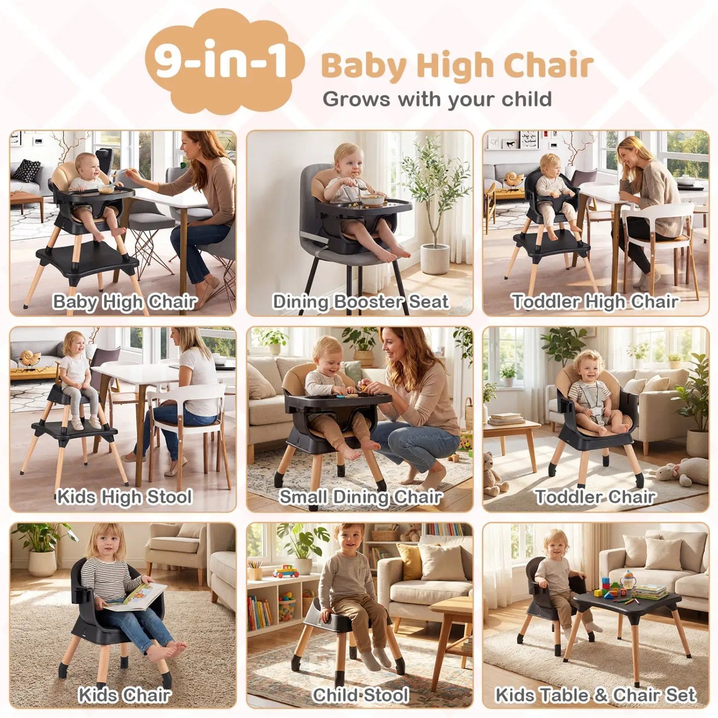 Nine in One Convertible High Chair Solid Wood