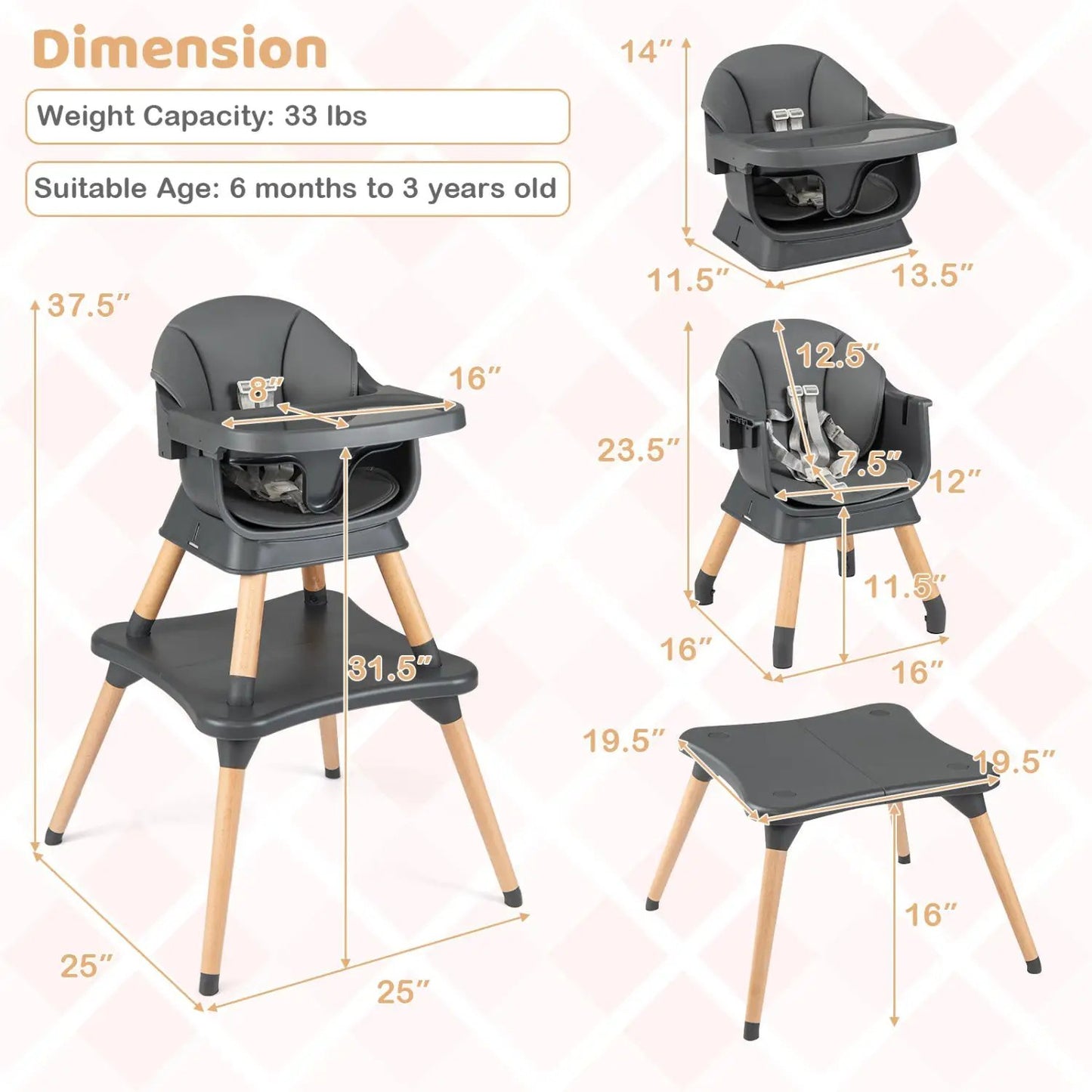 Nine in One Convertible High Chair Solid Wood