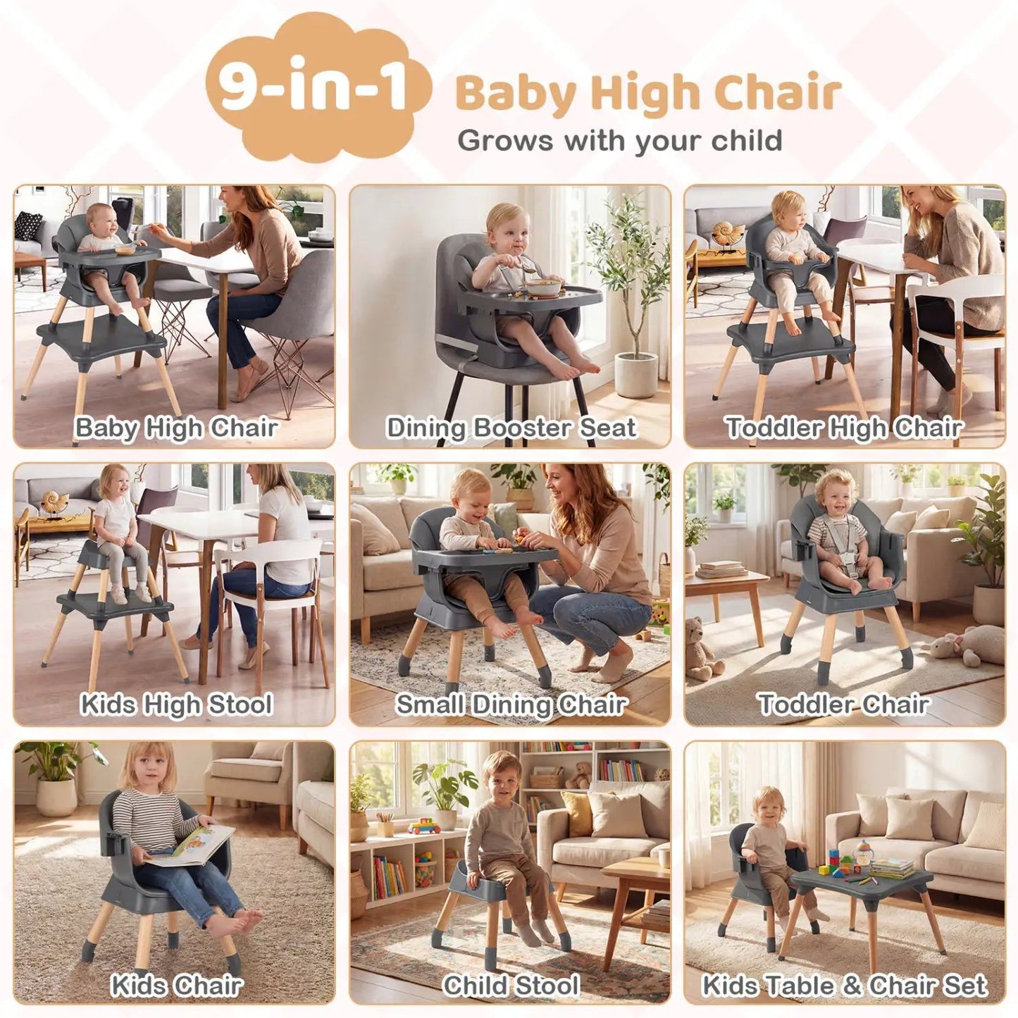 Nine in One Convertible High Chair Solid Wood