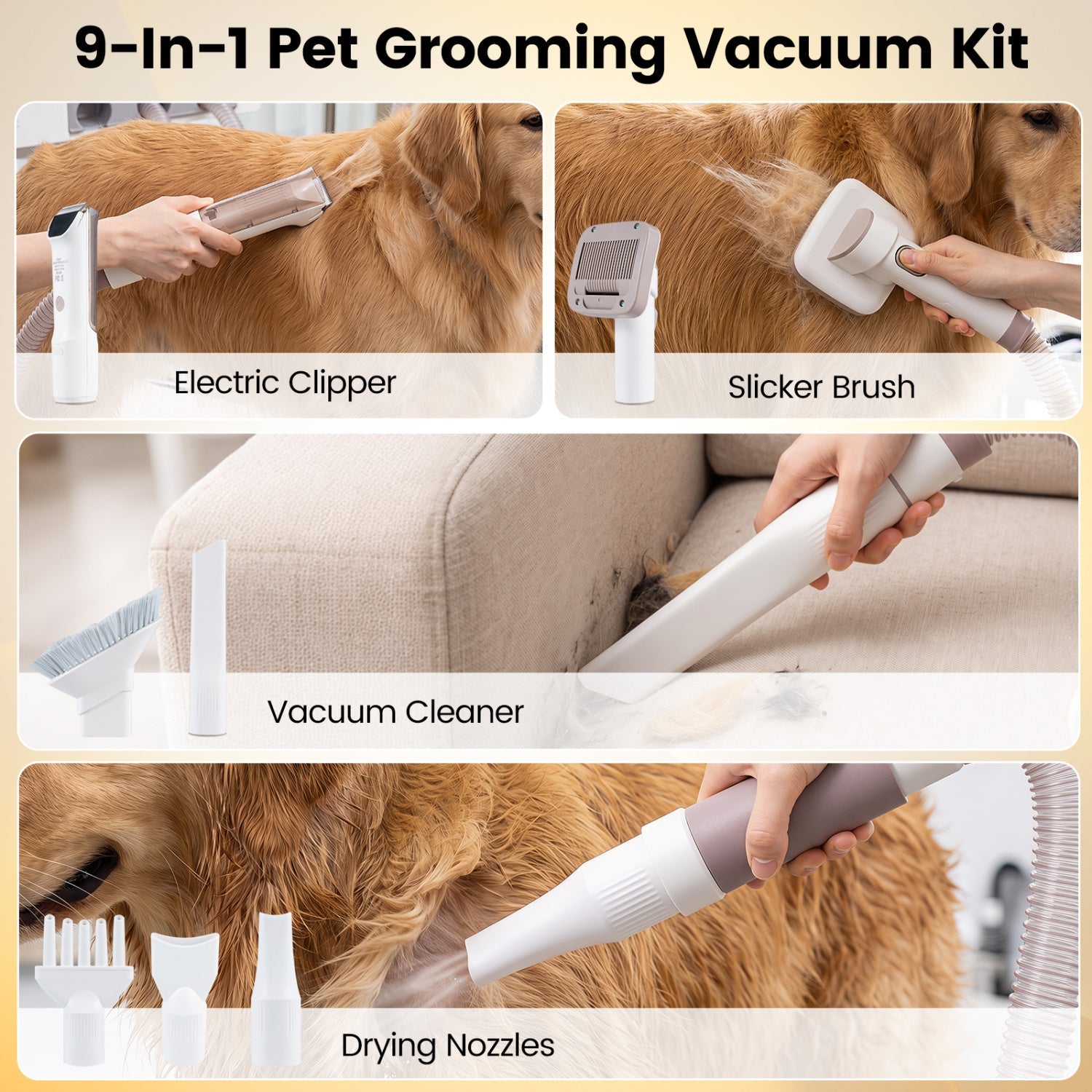 9-in-1 Pet Grooming Vacuum Kit with 3 suction modes and multiple nozzles used on a golden dog on Tampa Home & Garden Store