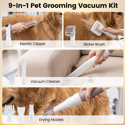 9-in-1 Pet Grooming Vacuum Kit with 3 suction modes and multiple nozzles used on a golden dog on Tampa Home & Garden Store