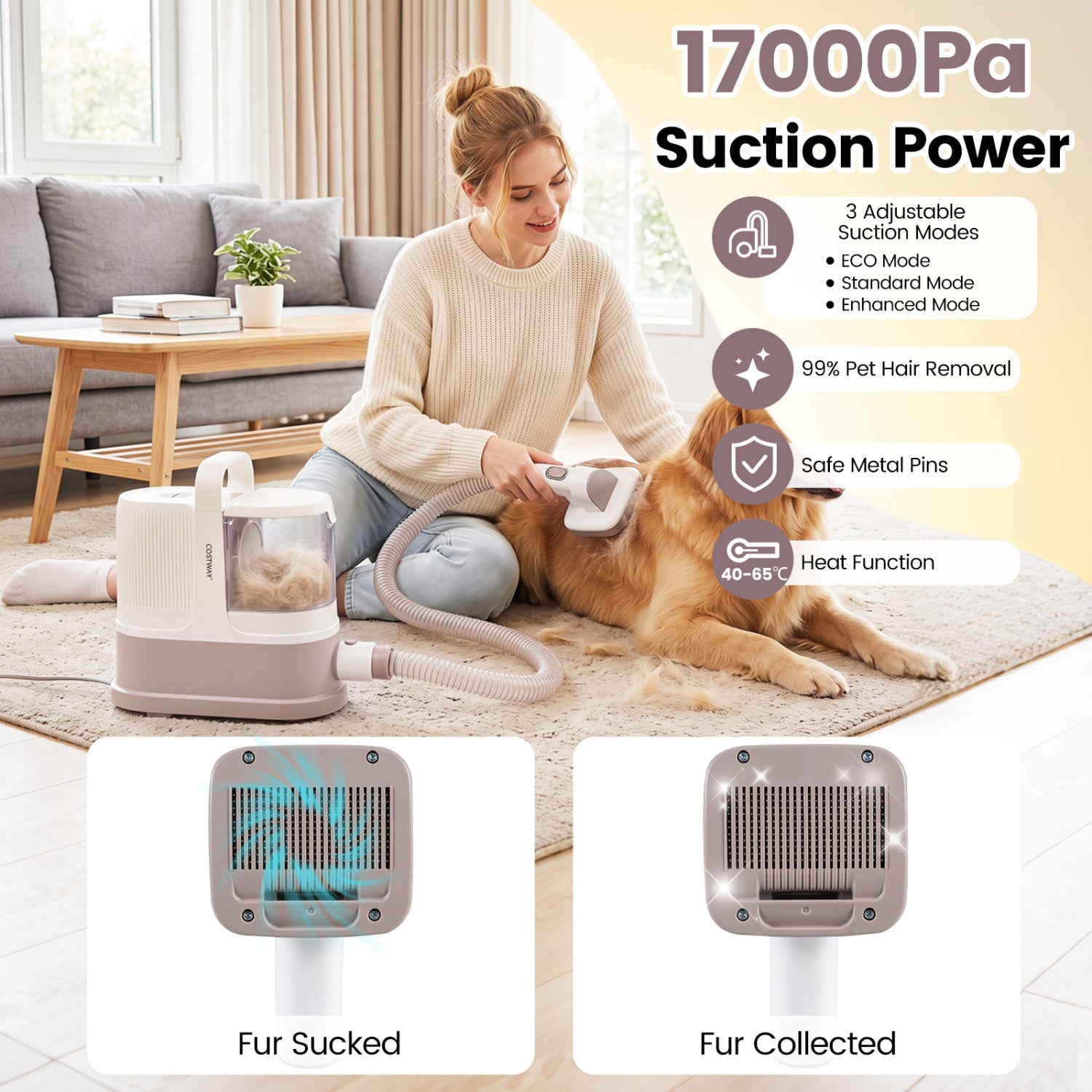9-in-1 Dog Grooming Vacuum Kit by DirectDeals with 3 suction modes shown in use on a dog indoors on Tampa Home & Garden Store