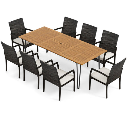 Juego de comedor para patio de 9 piezas con cojines suaves y mesa cuadrada de madera de acacia