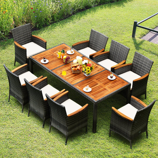 9 Pieces Rattan Patio Dining Set with Acacia Wood Table and Cushioned Chair - Tampa Home & Garden Store