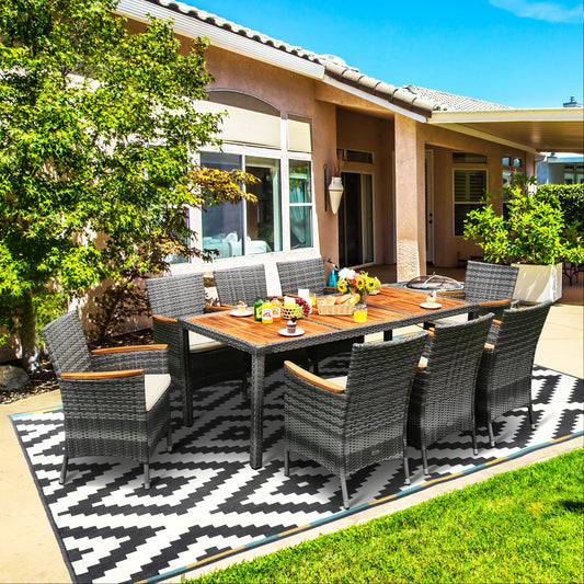 9 Pieces Rattan Patio Dining Set with Acacia Wood Table and Cushioned Chair - Tampa Home & Garden Store