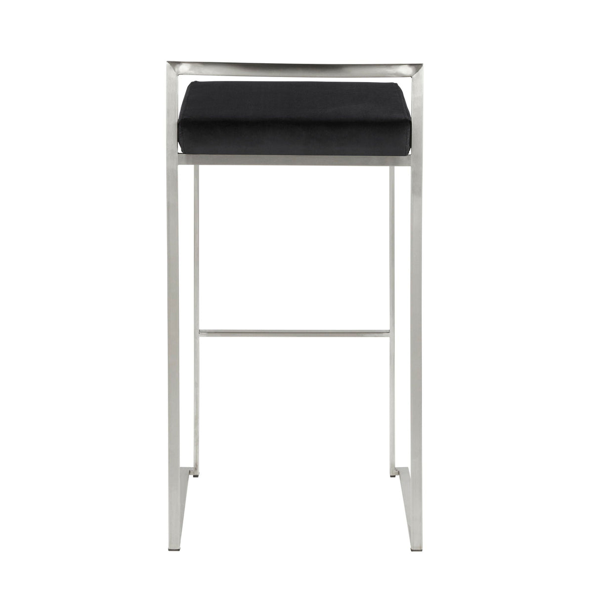 Contemporary stackable barstool with padded black seat and stainless steel frame on Tampa Home & Garden Store