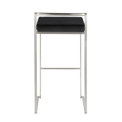 Contemporary stackable barstool with padded black seat and stainless steel frame on Tampa Home & Garden Store