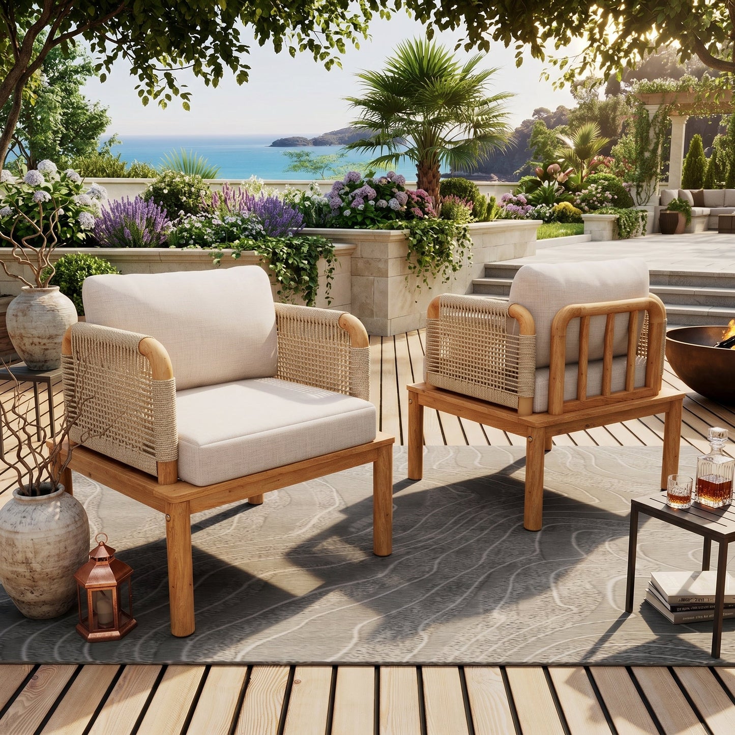 Set of Two Outdoor Acacia Wood Rope Club Chairs