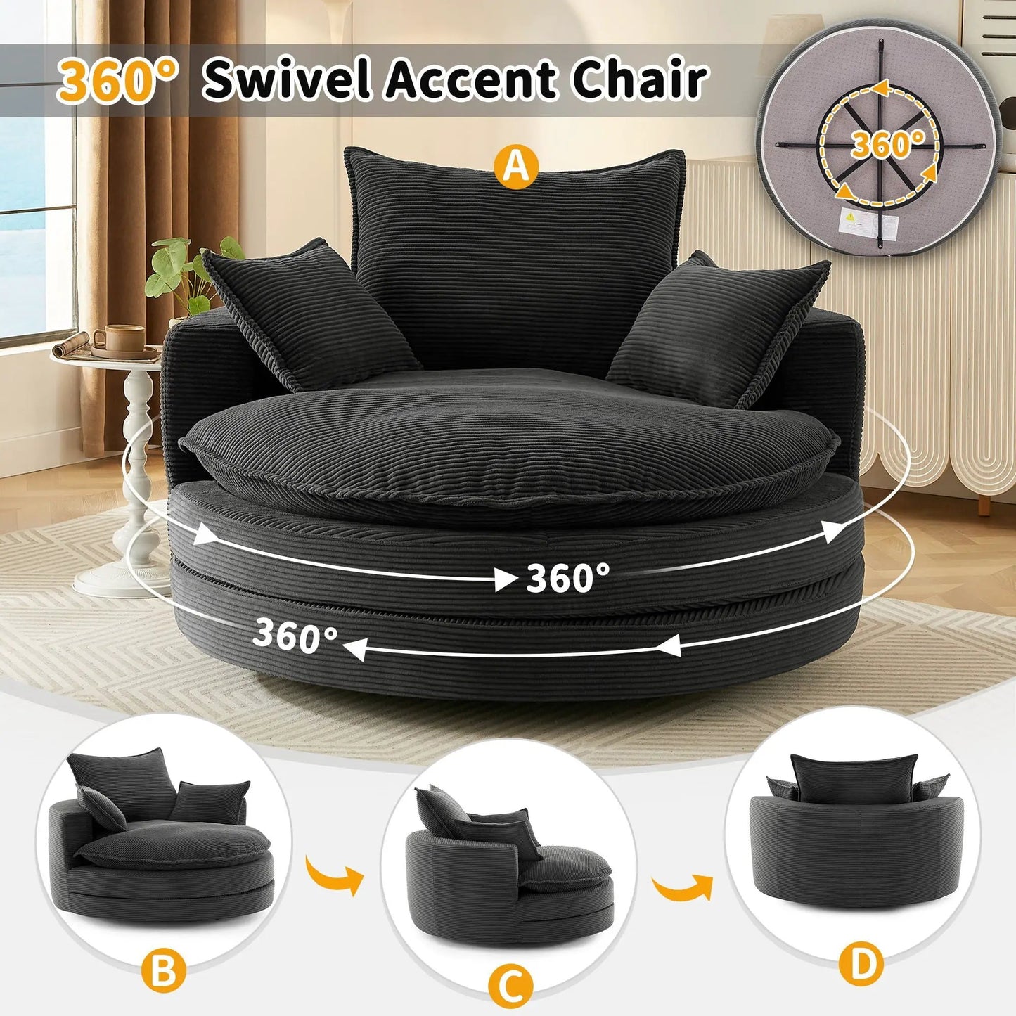 360 Degree Swivel Barrel Chair with Dual Cushions