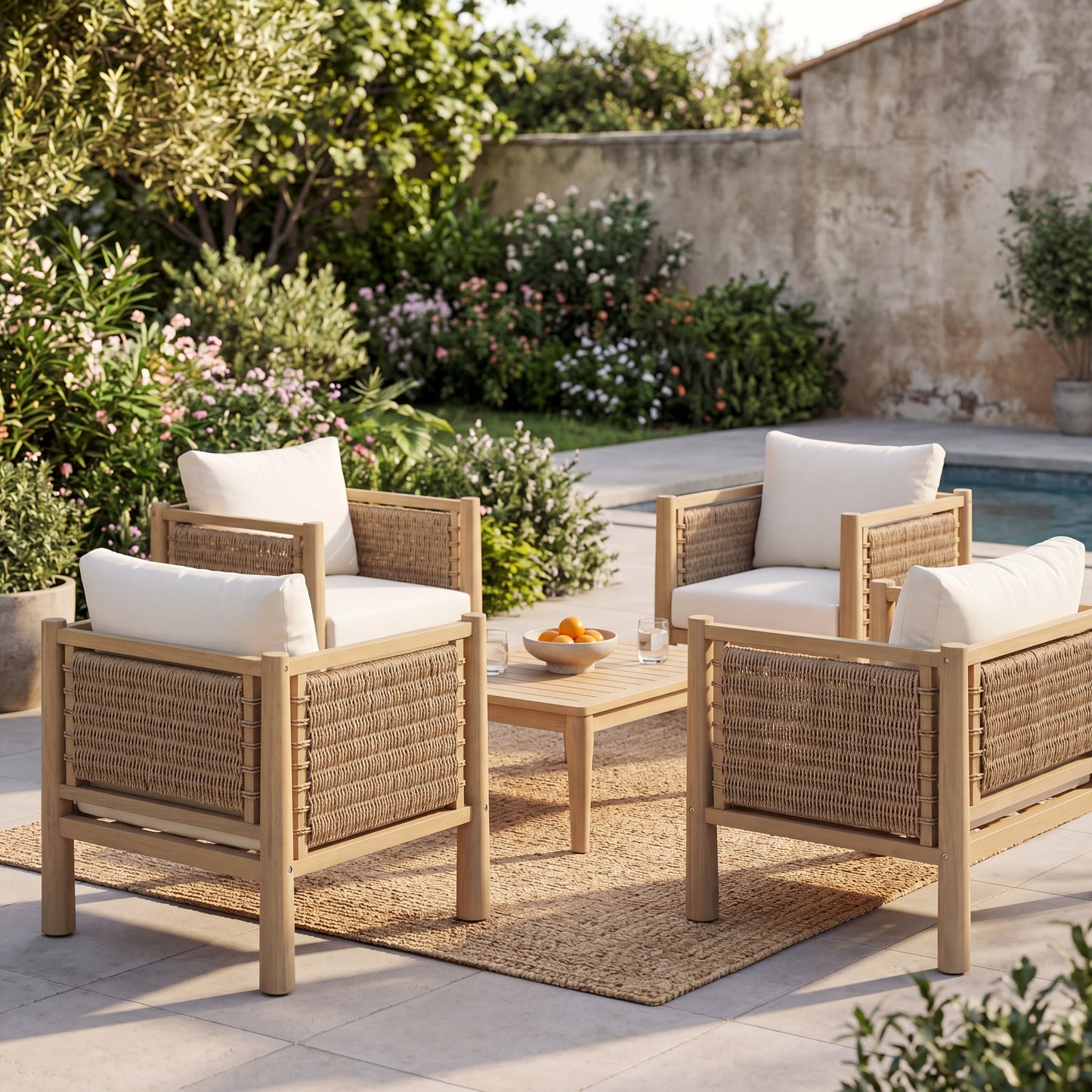 Set of 4 outdoor acacia wood patio chairs with woven seats and white cushions on Tampa Home & Garden Store