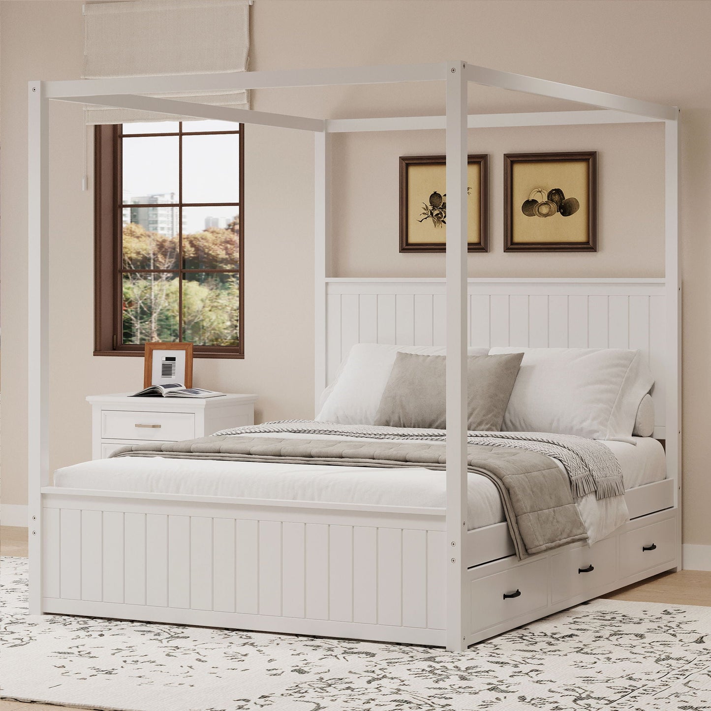 Canopy platform bed with trundle and 3 storage drawers, white finish, HouseOfZazla on Tampa Home & Garden Store