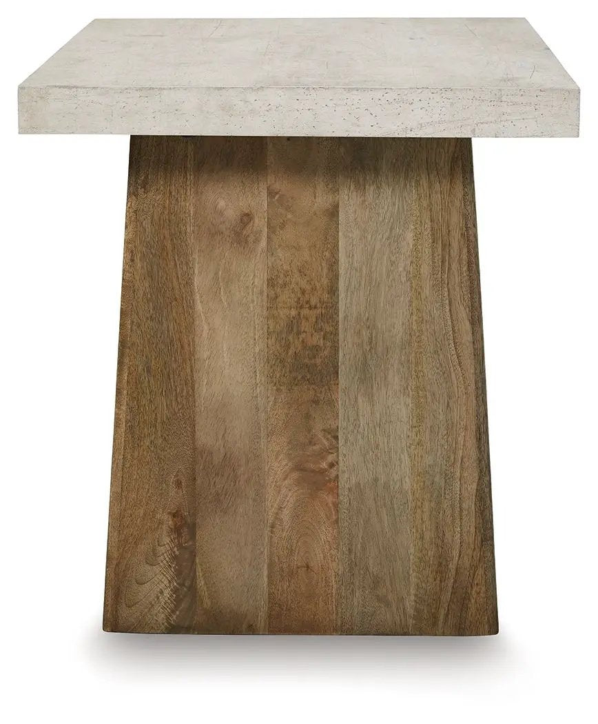 Brendalhouse cocktail table with beige stone top and wood base on Tampa Home & Garden Store