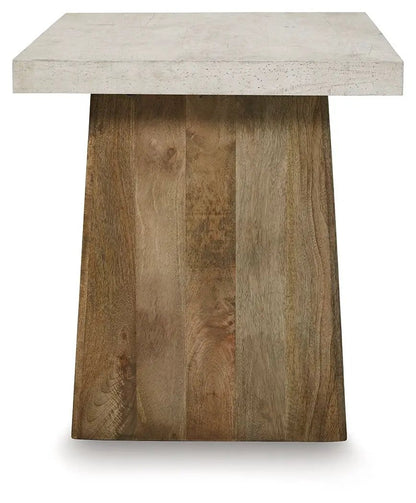 Brendalhouse cocktail table with beige stone top and wood base on Tampa Home & Garden Store