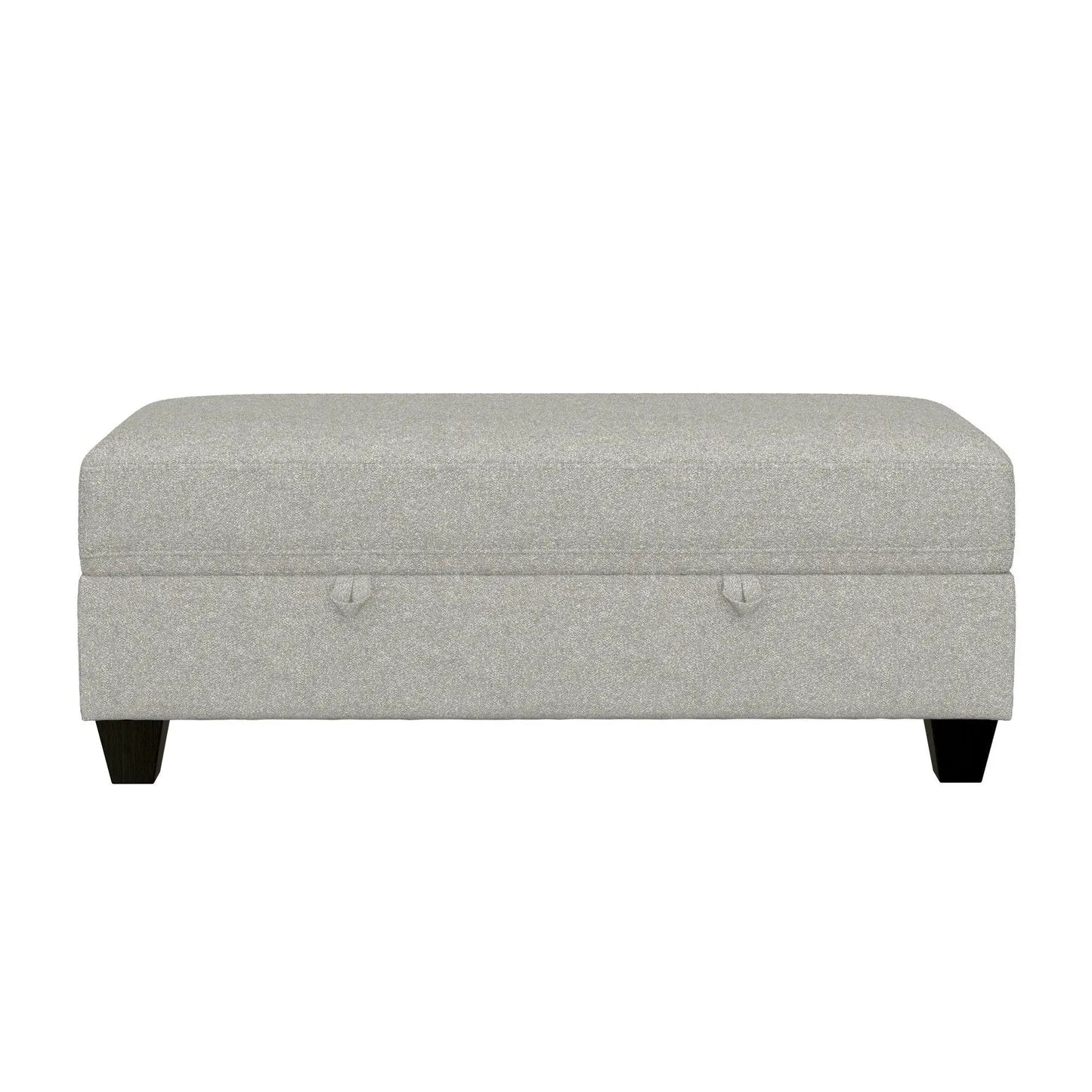 Drason storage ottoman in light gray textured fabric with rounded edges and dark legs on Tampa Home & Garden Store