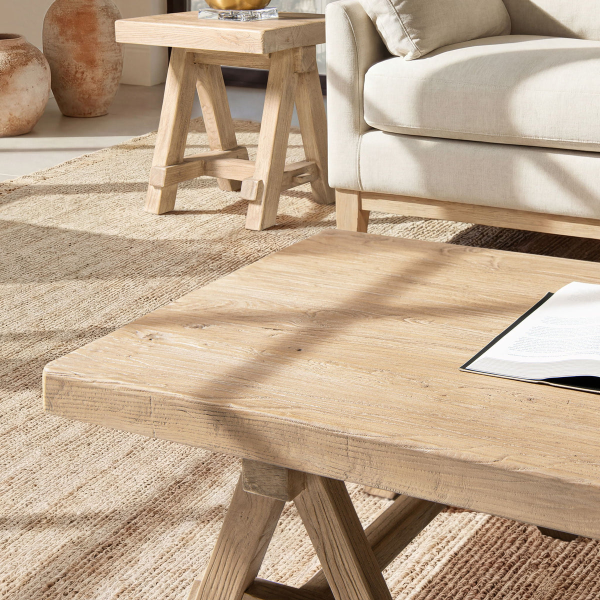 Trestle coffee table solid reclaimed elm with light brown finish by HouseOfZazla on Tampa Home & Garden Store