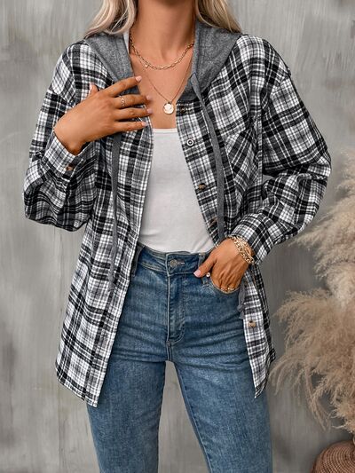 Stevvex plaid hooded jacket for women, cotton-blend, buttoned long sleeves with gray hood lining on Tampa Home & Garden Store