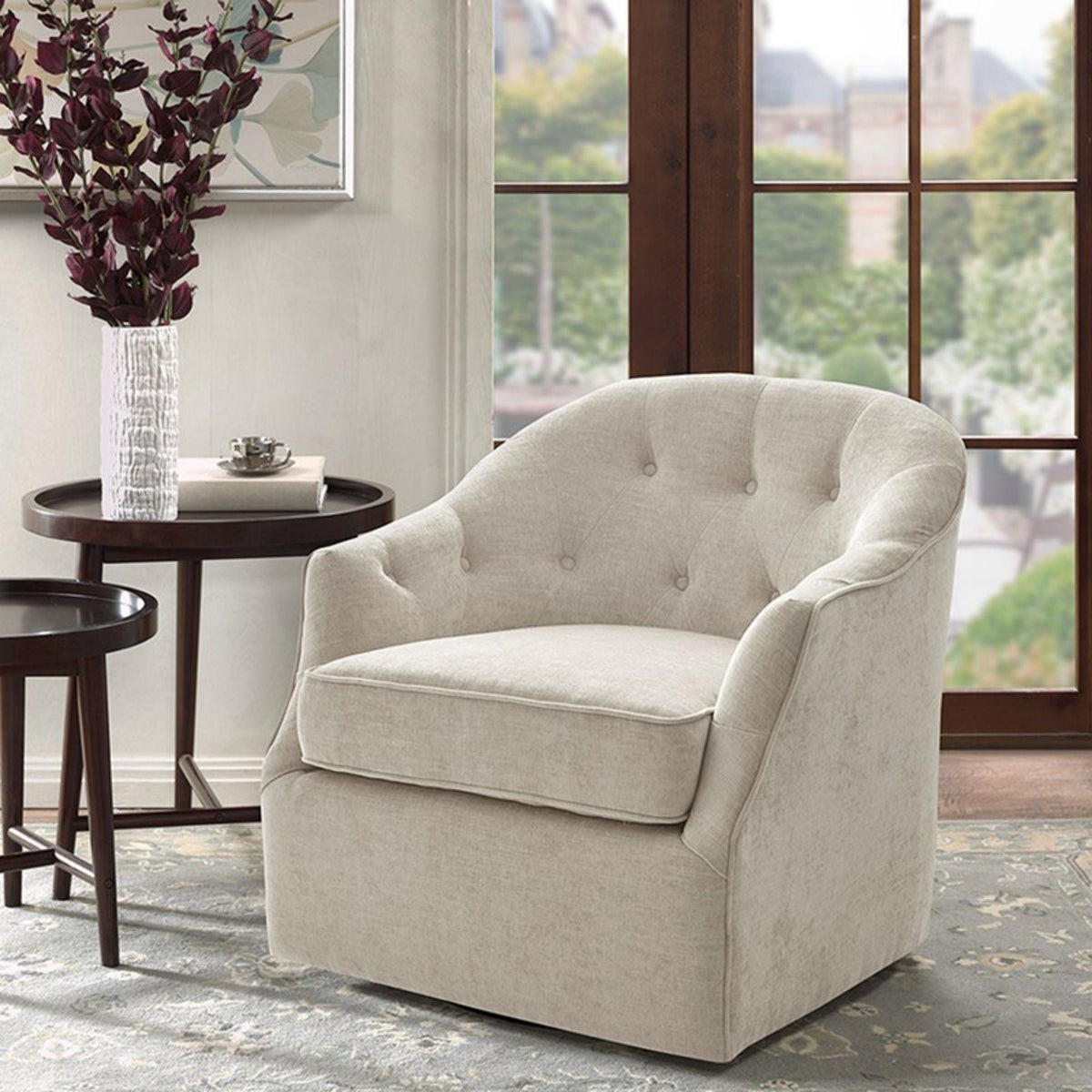 Beige swivel chair with 360-degree rotation, tufted back, solid wood frame HouseOfZazla on Tampa Home & Garden Store
