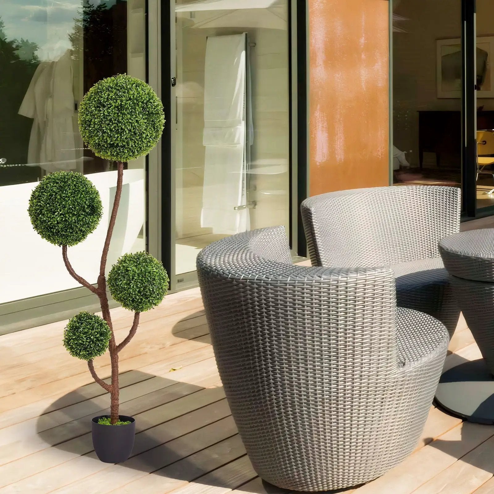 Artificial boxwood topiary triple ball, 150 cm, green faux plant in dark pot on wooden deck on Tampa Home & Garden Store