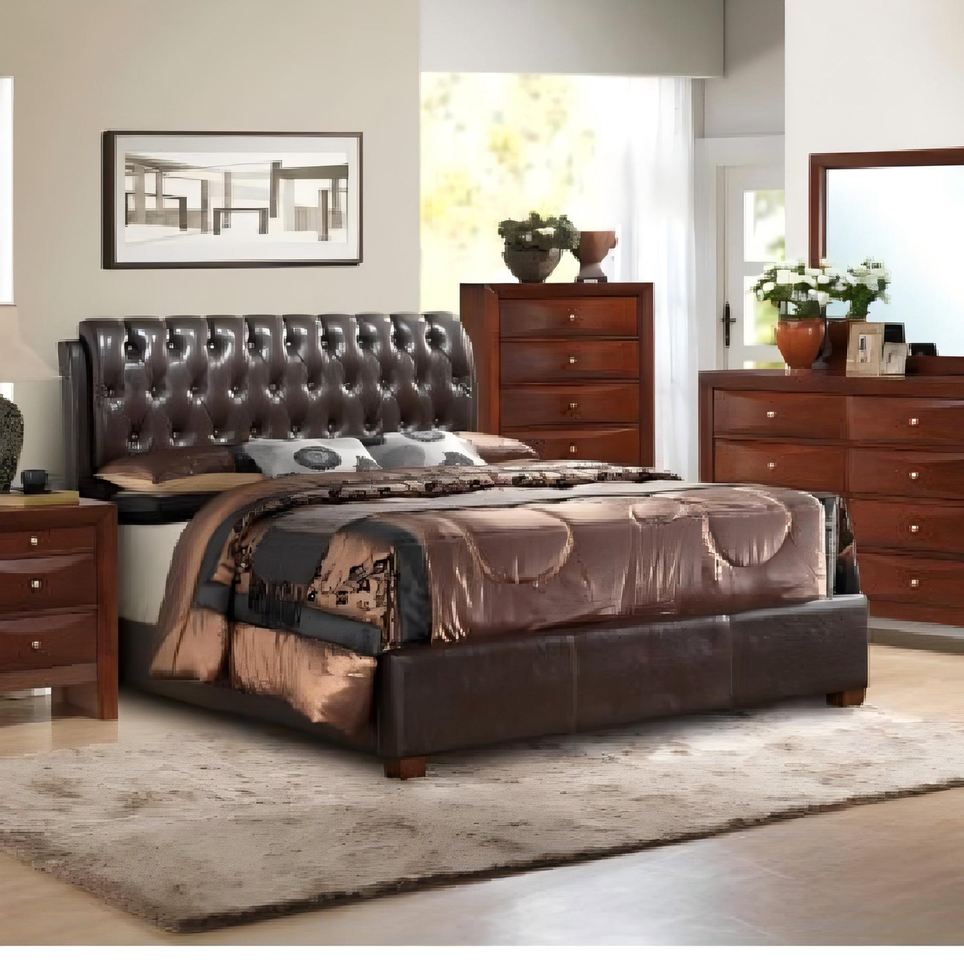 Tufted Upholstered Bed HouseOfZazla in black leather with button tufting and glossy finish on Tampa Home & Garden Store