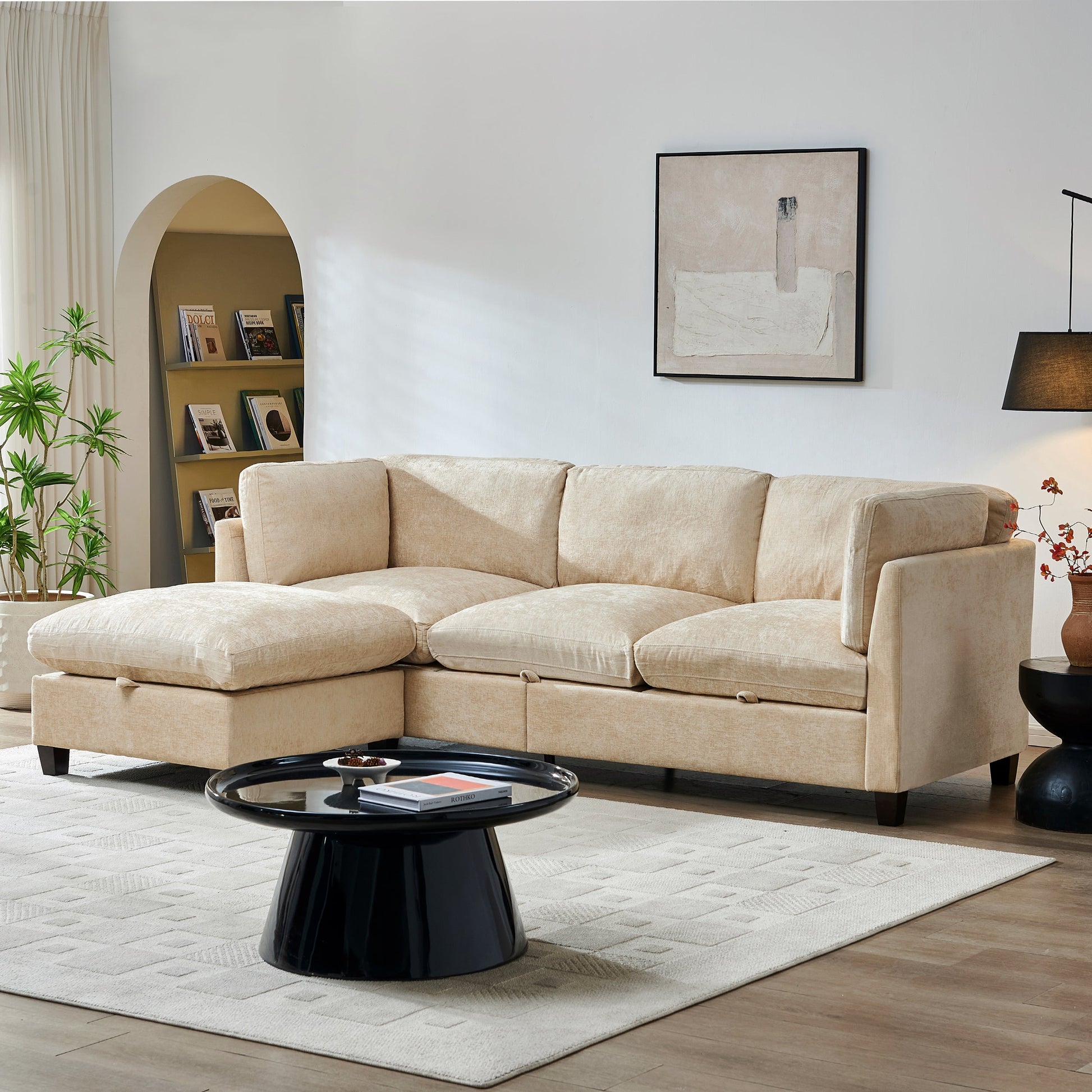 HouseOfZazla 96.5in L-shape sectional with ottoman in beige fabric on Tampa Home & Garden Store
