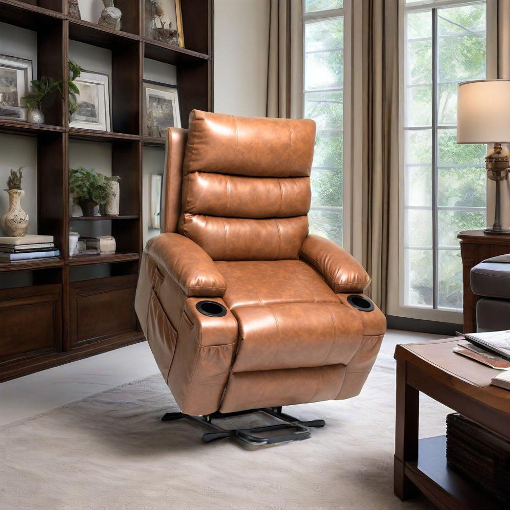 Large Electric Power Lift Recliner Chair by HouseOfZazla in tan leather with cupholders on Tampa Home & Garden Store