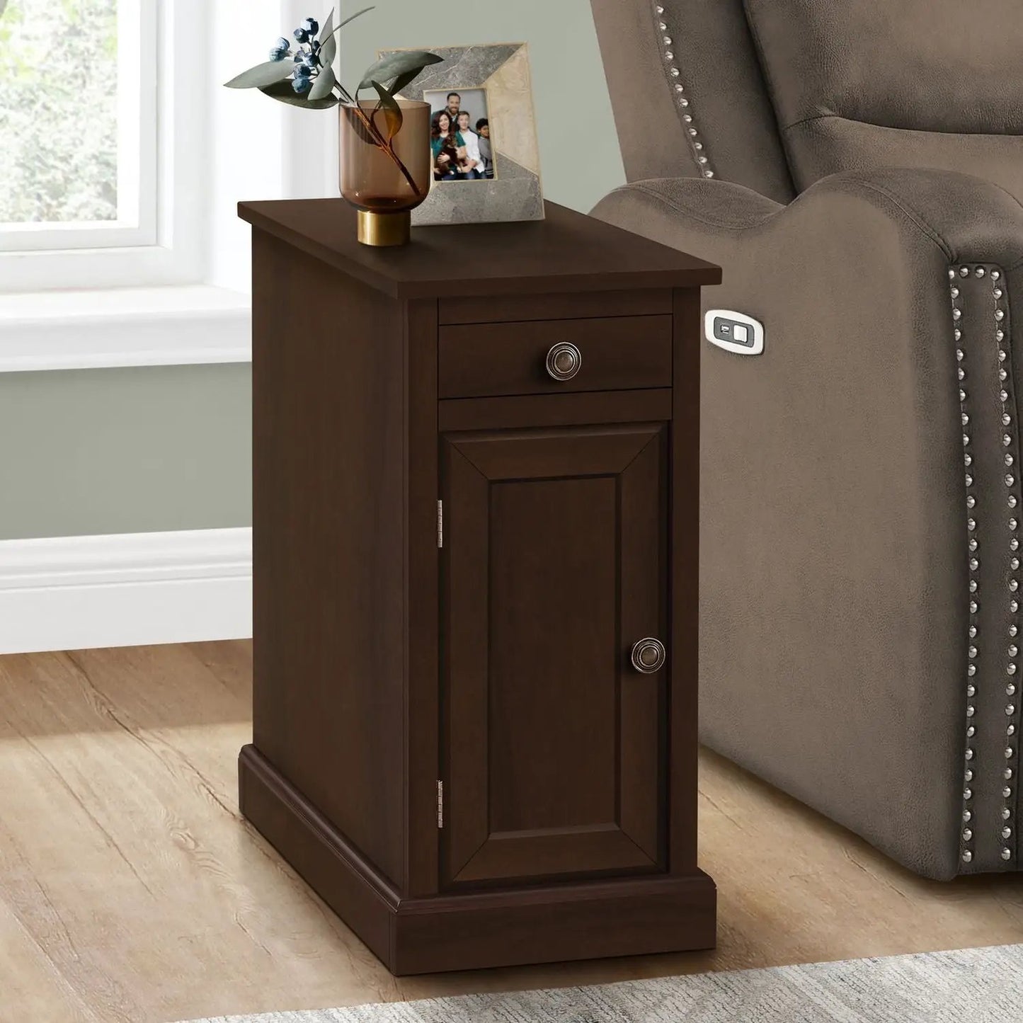 Accent End Table Espresso with storage drawer and cabinet, metal ring pull by Unique Piece Furniture on Tampa Home & Garden Store