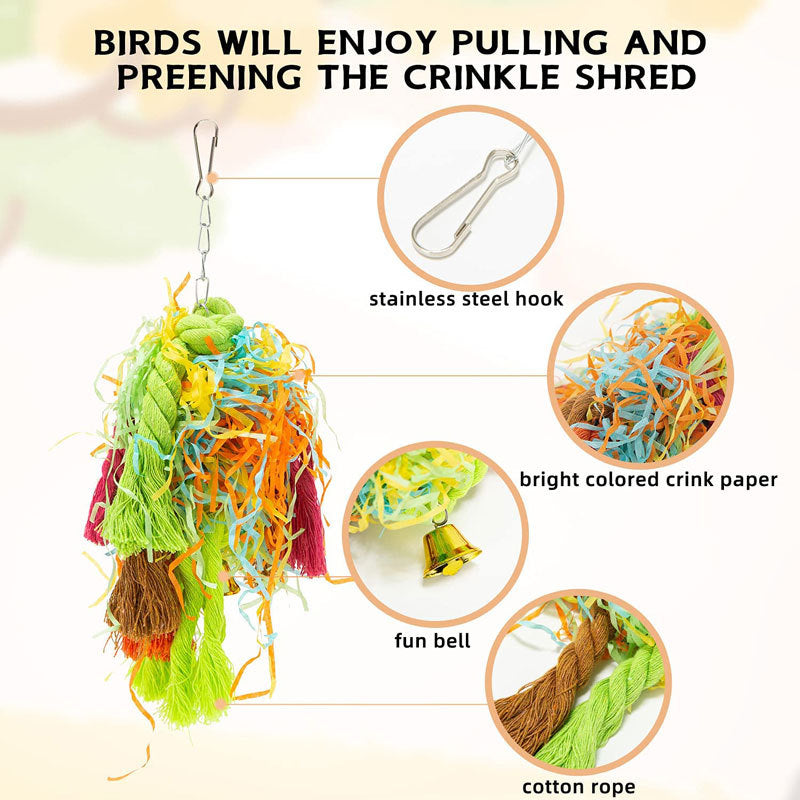 5PCs Parrot Gnawing Toy Cotton with crink paper and bell, cotton rope, stainless steel hook on Tampa Home & Garden Store