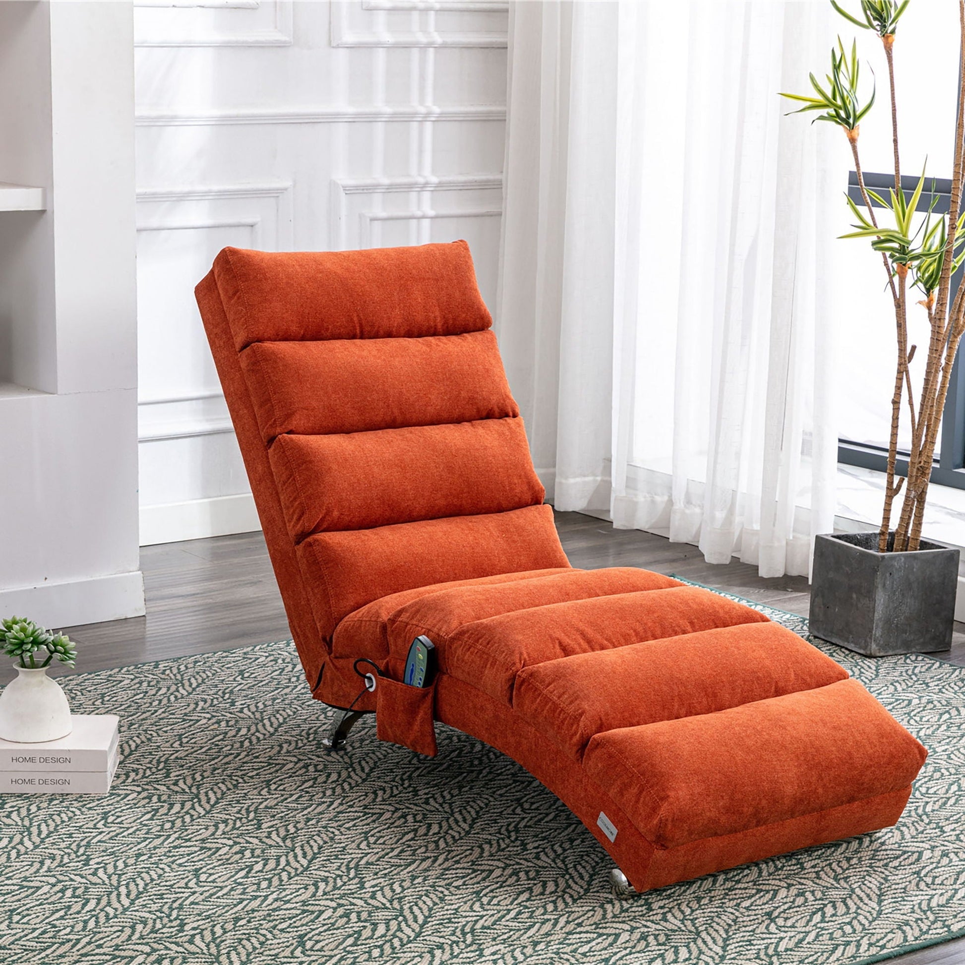 Massage chaise lounge indoor in orange fabric with remote pocket in bright living room on rug on Tampa Home & Garden Store