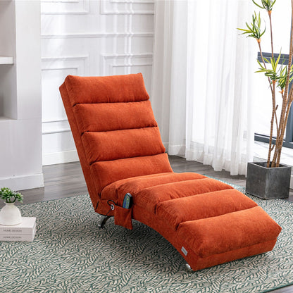 Massage chaise lounge indoor in orange fabric with remote pocket in bright living room on rug on Tampa Home & Garden Store