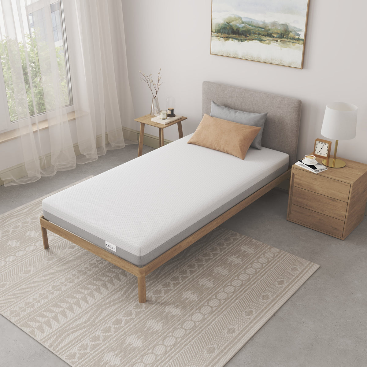 NapQueen 6 Inch Twin XL Memory Foam Mattress on light gray bed frame in a modern bedroom on Tampa Home & Garden Store