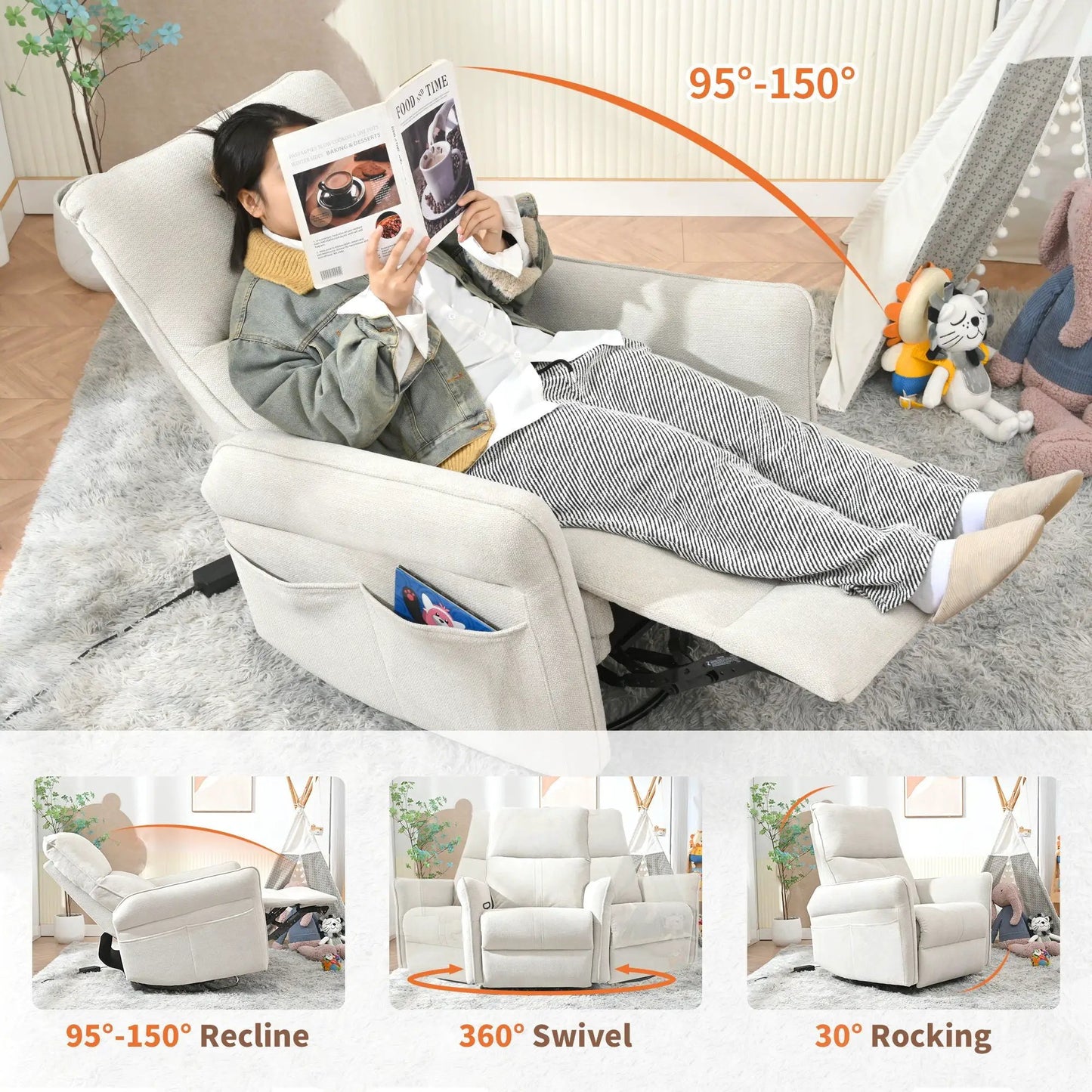 270 Degree Power Swivel Rocker Recliner With USB
