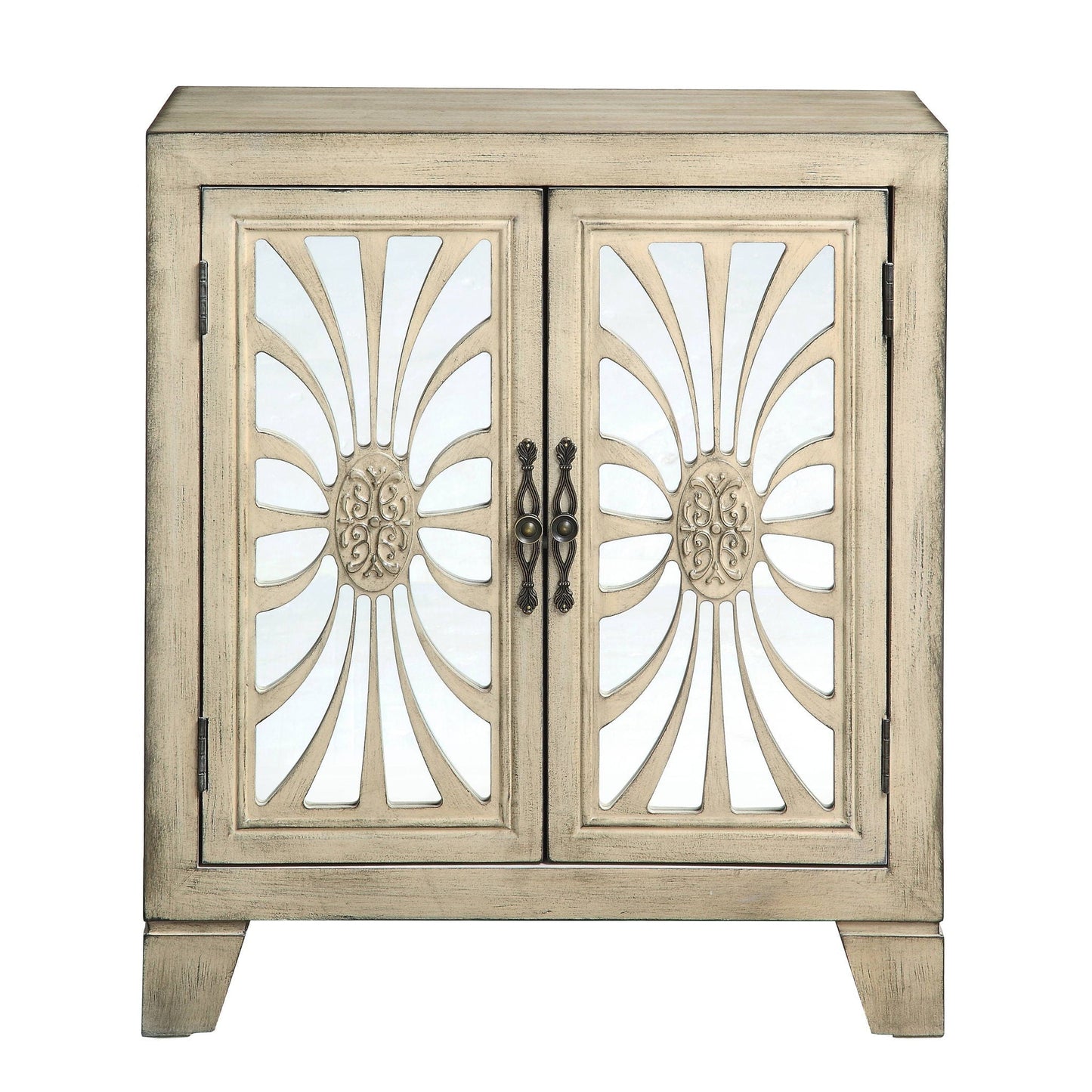 Nalani Console Cabinet two-door antique white with decorative fan-pattern glass panels on Tampa Home & Garden Store