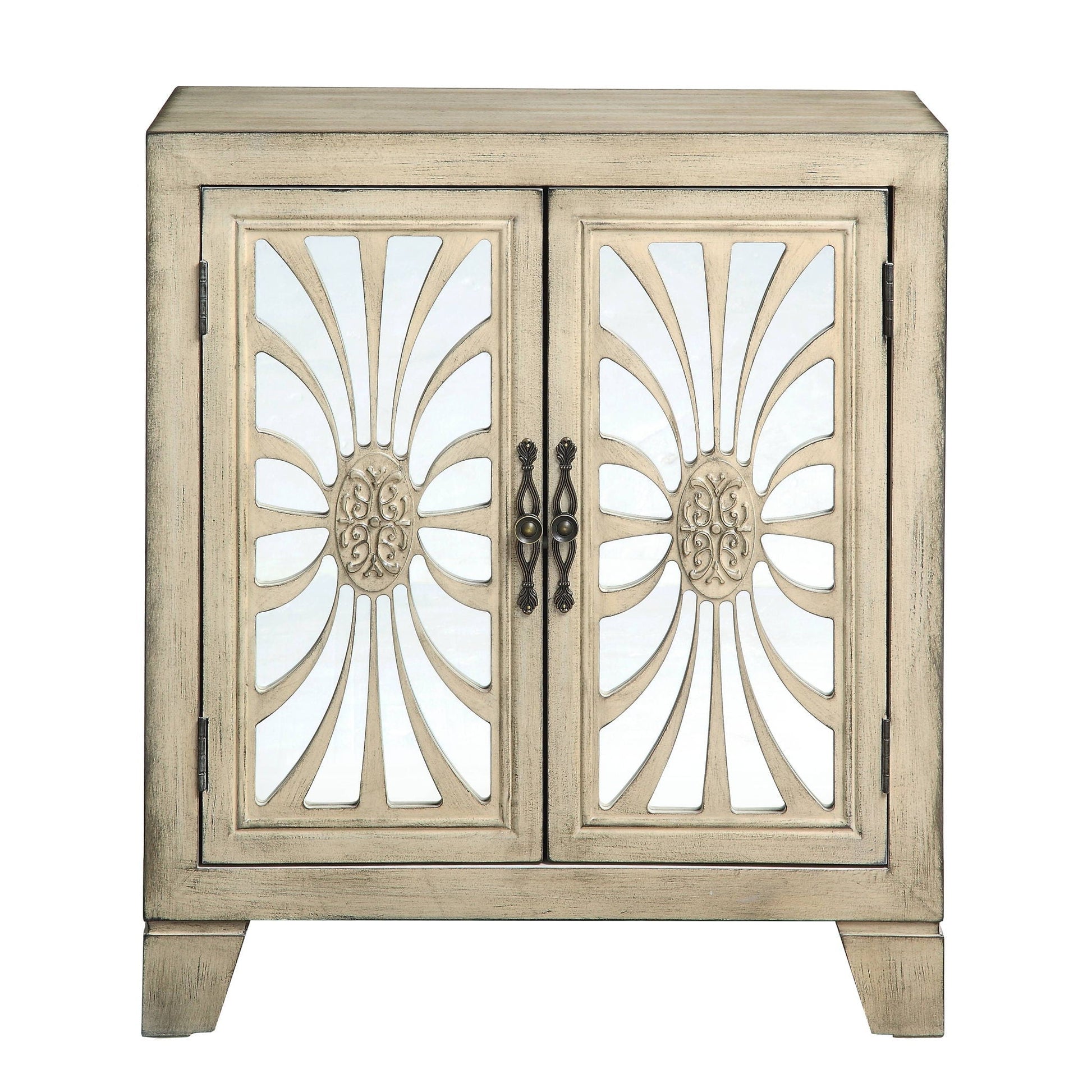 Nalani Console Cabinet two-door antique white with decorative fan-pattern glass panels on Tampa Home & Garden Store