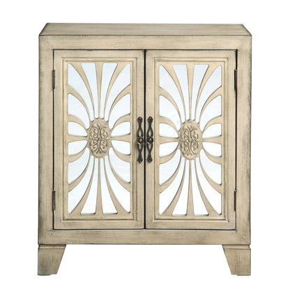 Nalani Console Cabinet two-door antique white with decorative fan-pattern glass panels on Tampa Home & Garden Store