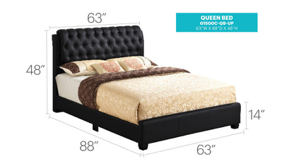 Tufted Upholstered Bed in black fabric with button-tufted headboard, queen size 63W x 88D x 48H on Tampa Home & Garden Store